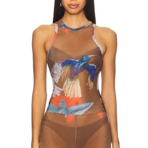 Elegant Brown Sheer Bird Print Swim Coverup